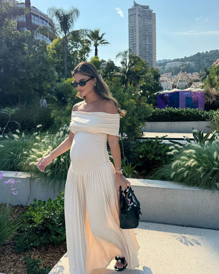 CALARA - MATERNITY FLOWY OFF SHOULDER MAXI DRESS