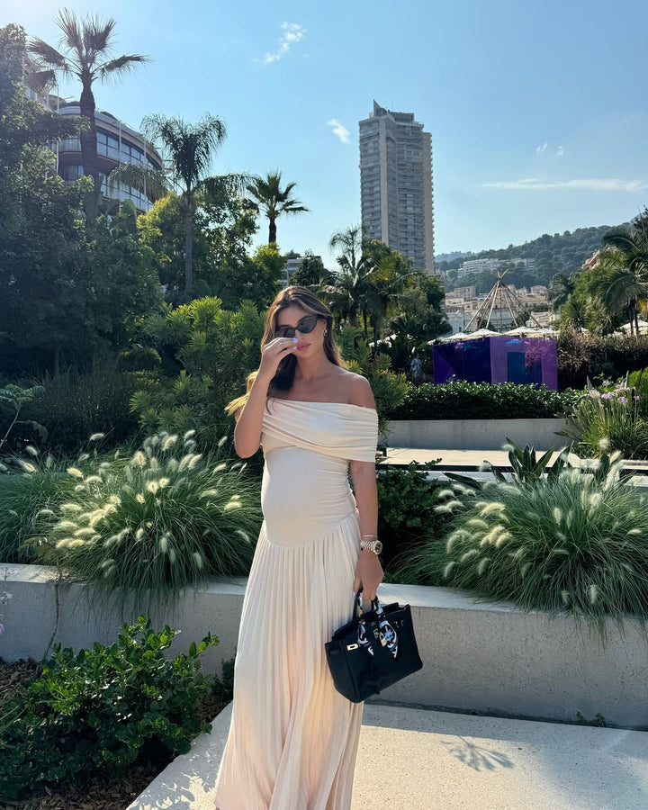 CALARA - MATERNITY FLOWY OFF SHOULDER MAXI DRESS
