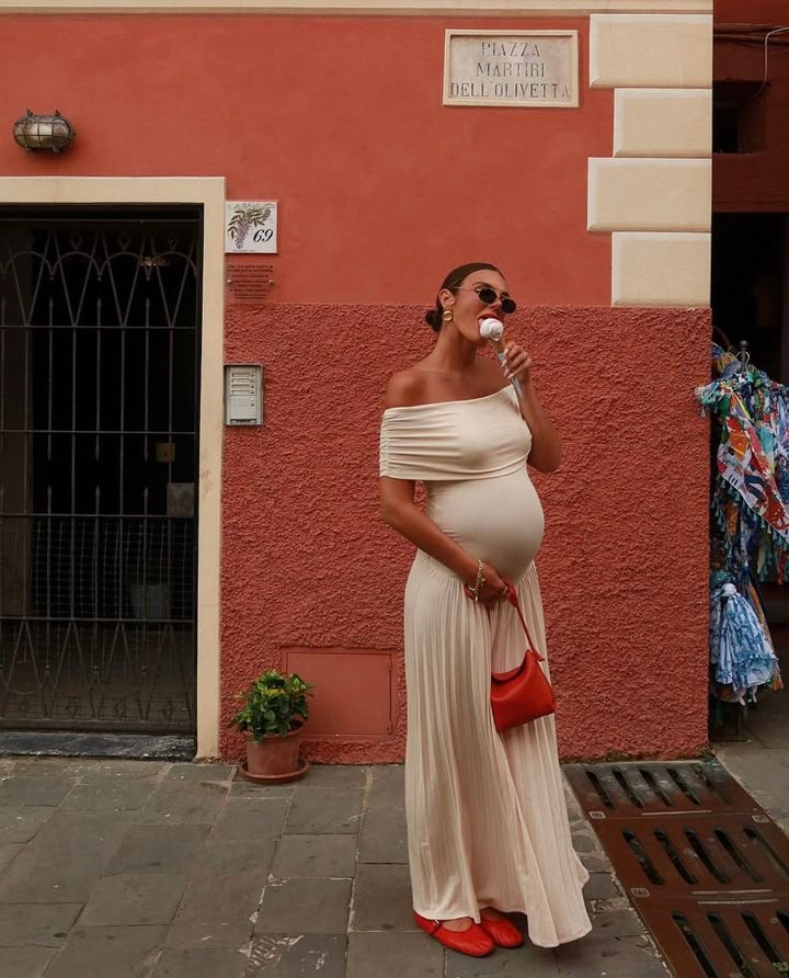CALARA - MATERNITY FLOWY OFF SHOULDER MAXI DRESS