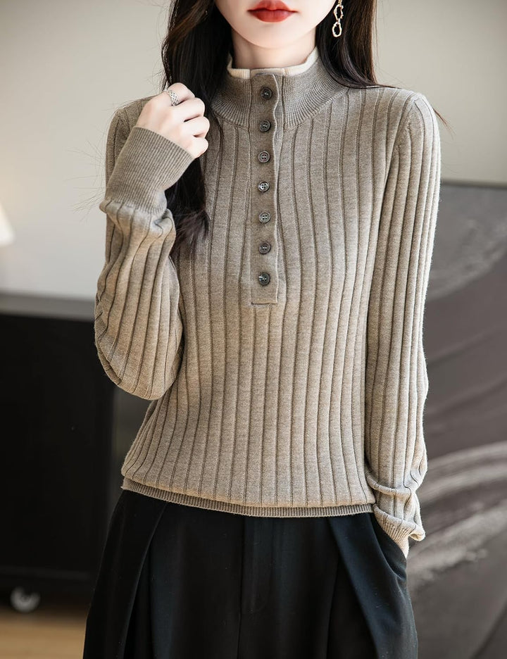 Merino Wool Blend Color Block Stand Collar Sweater