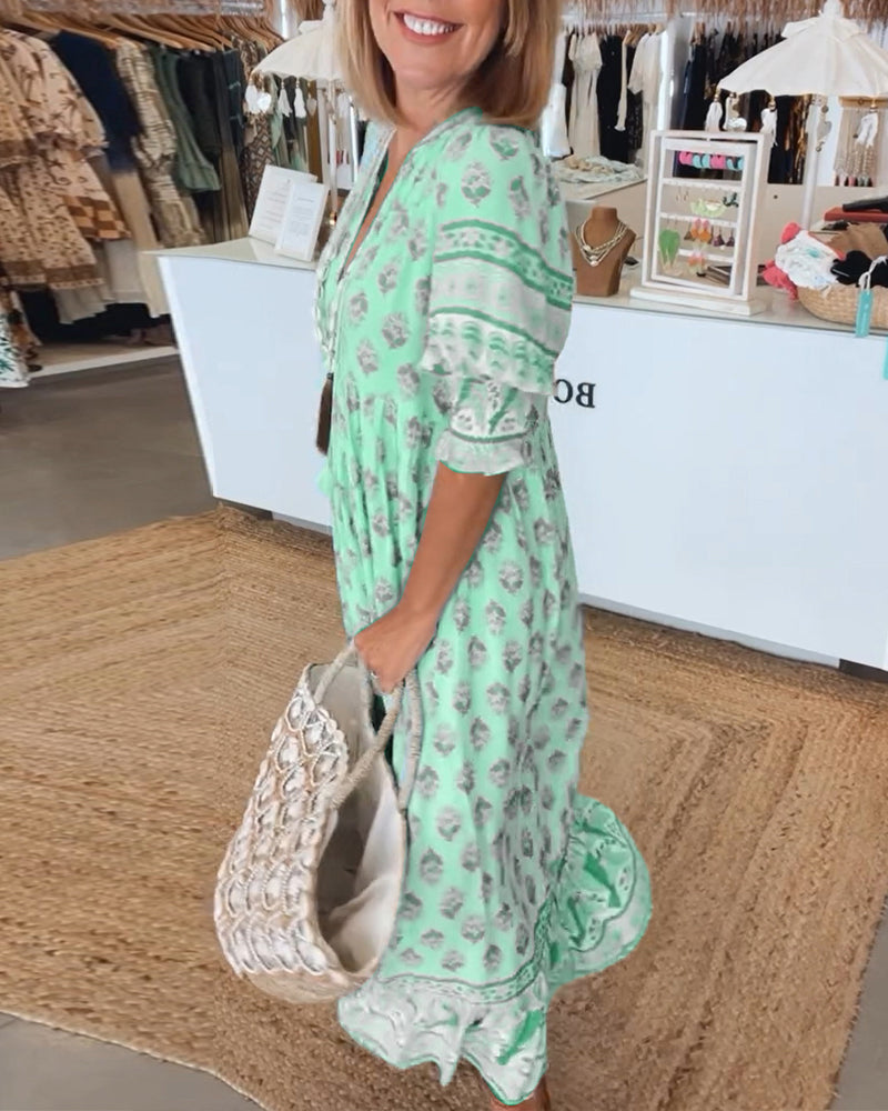 Miya - Casual Printed V-neck Half Sleeve Dress