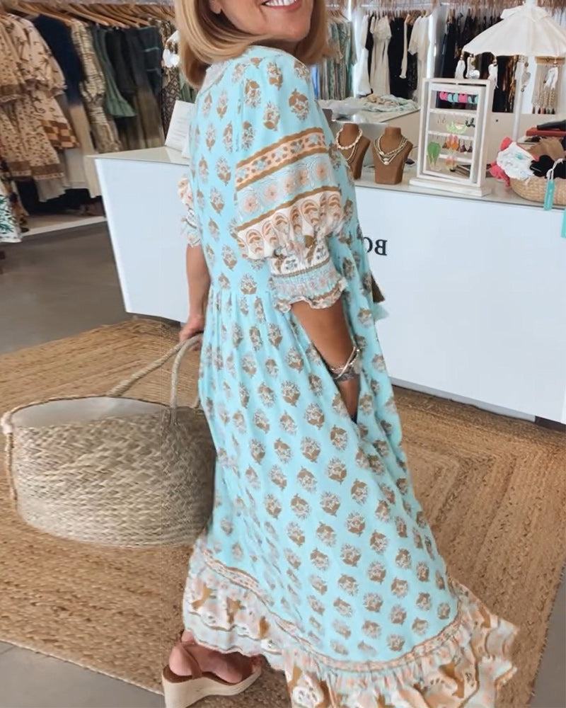 Miya - Casual Printed V-neck Half Sleeve Dress