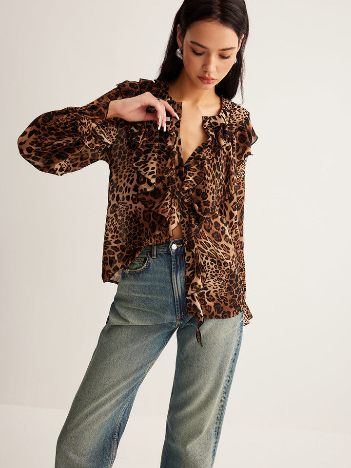 Dakota | Women’s Summer Leopard Ruffle Neck Blouse
