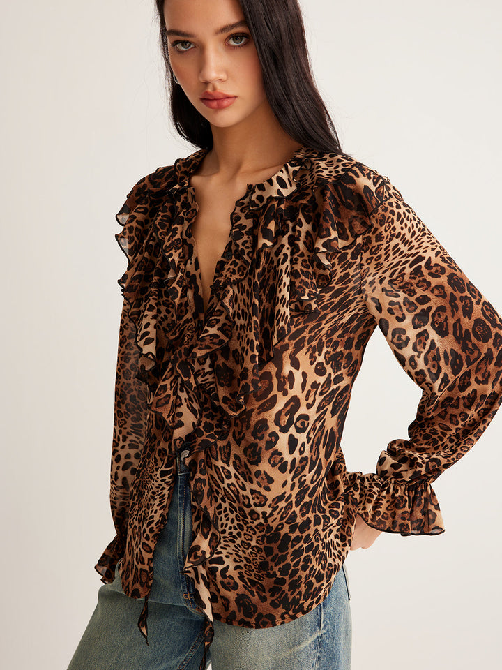 Dakota | Women’s Summer Leopard Ruffle Neck Blouse