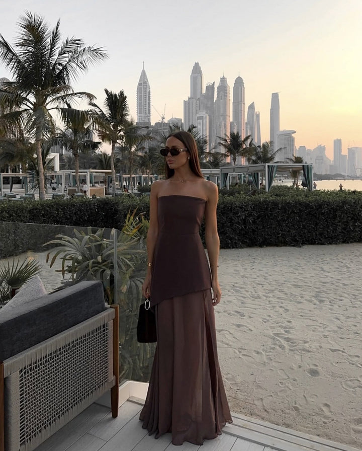 Ariadne - Strapless Patchwork Mesh Asymmetrical Maxi Dress
