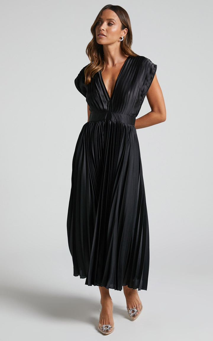 MADISYN - FLOWY V-NECK PLEATED SKIRT DRESS