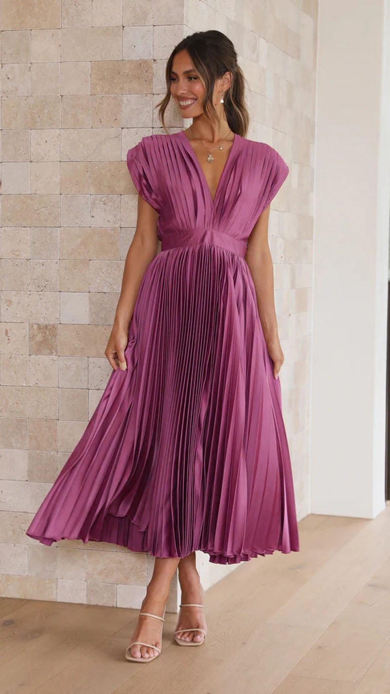 MADISYN - FLOWY V-NECK PLEATED SKIRT DRESS
